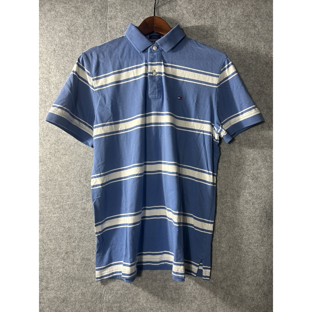 Tommy Hilfiger Custom Fit Polo Shirt Men Medium Blue White Striped Short Sleeve